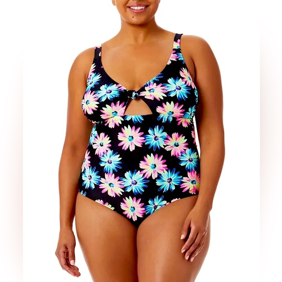 3/$20 💥California Waves NWT One Piece Swimsuit Black Neon Floral Keyhole Bust - Picture 1 of 12